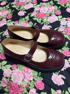 NEW Coach Burgundy Patent Leather Mary Jane Platform Mules